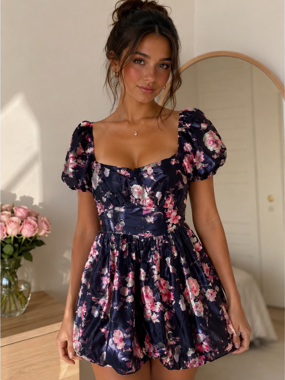 Luxxel Floral Midnight Puff Sleeve Fairy Dress